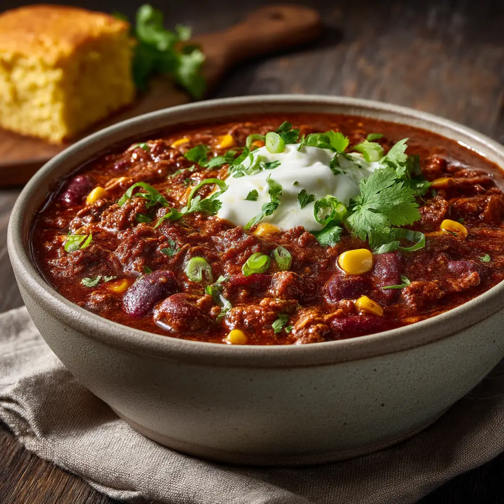 A spoonful of Slow Cooker Texas Style Chili being lifted from a bowl, showcasing the thick, rich consistency of the chile sauce.