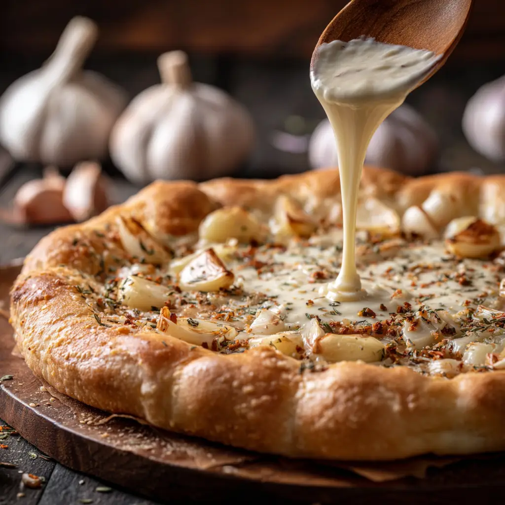 A spoonful of creamy white pizza sauce being drizzled over pizza dough, showing its smooth and rich texture.