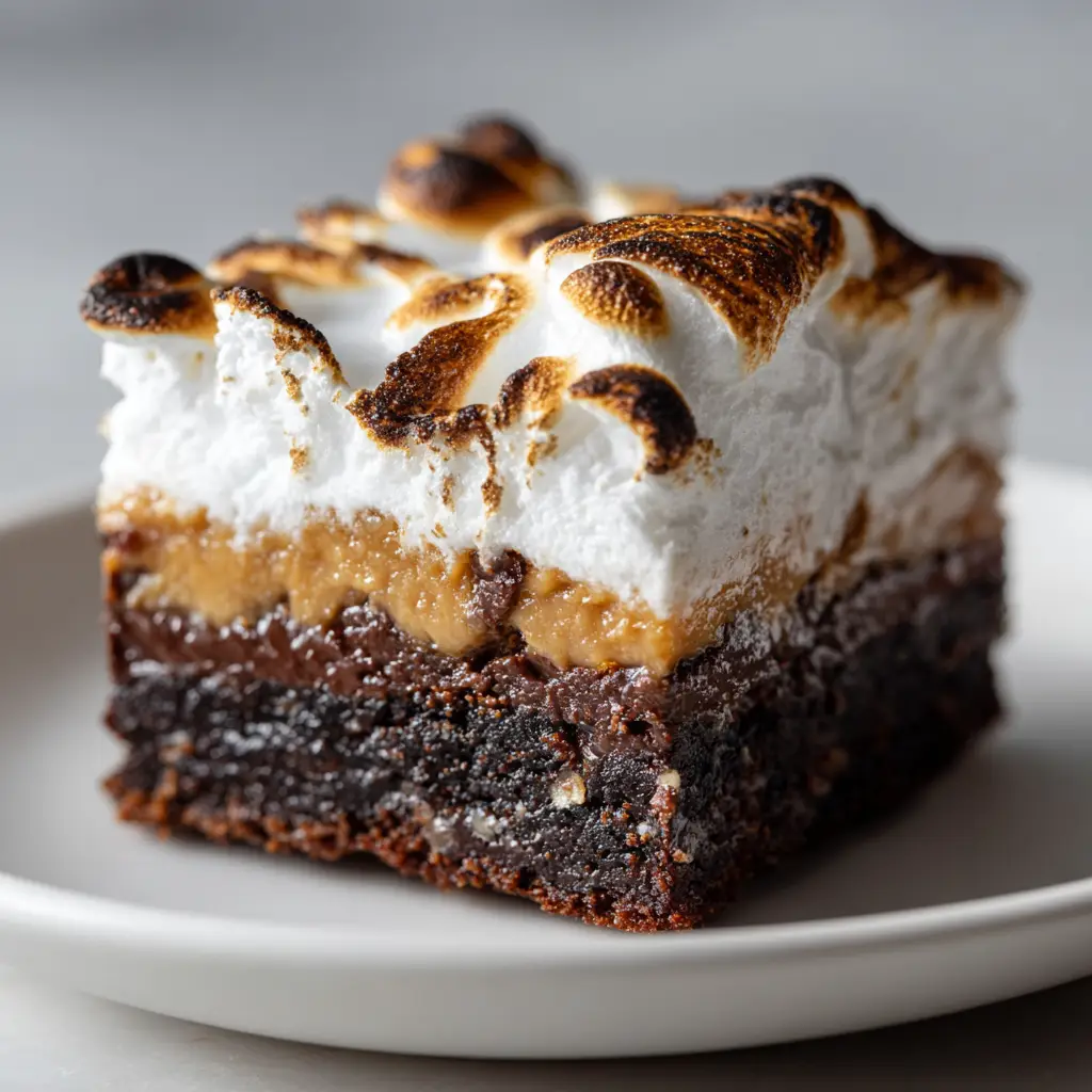 A side view of a stack of peanut butter marshmallow brownies, illustrating the thick, creamy peanut butter filling between the brownie and marshmallow.