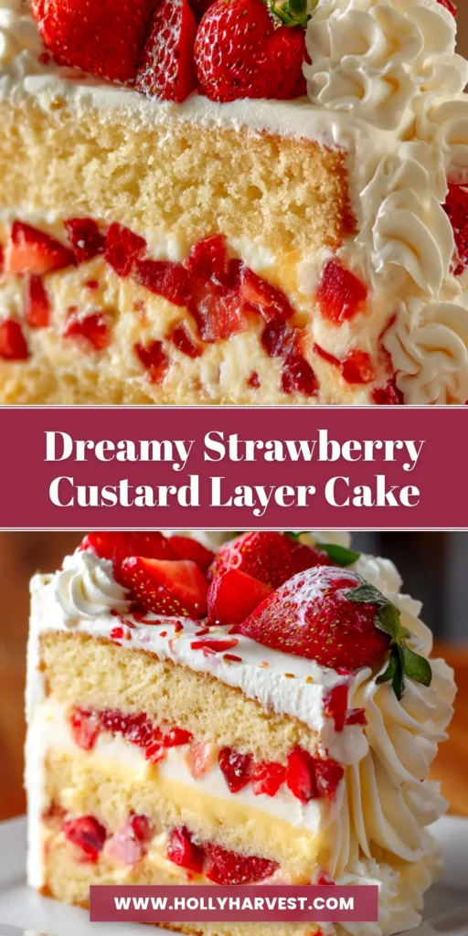 An overhead shot of a beautiful Strawberry Custard Cake on a white plate, ready to be pinned. The cake has layers of vanilla cake, creamy custard, and is topped with fresh strawberries.
