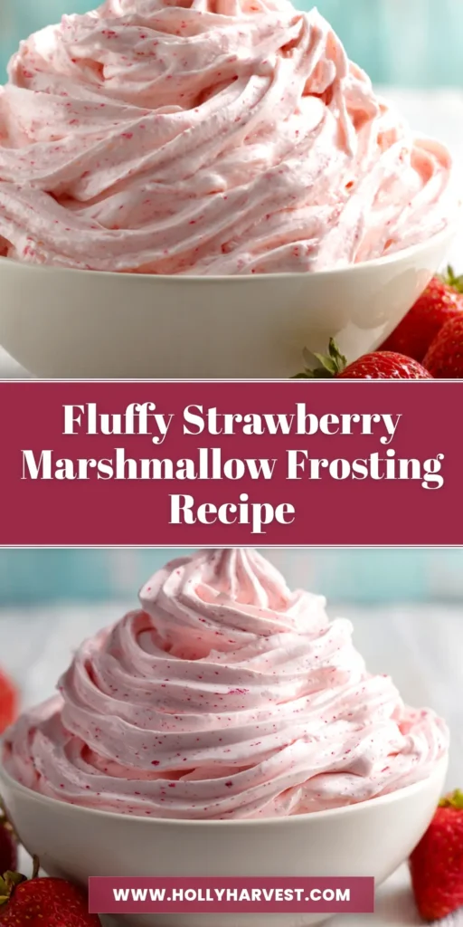 A close-up overhead shot of a glass bowl filled with fluffy, pink strawberry marshmallow frosting, ready to be spread on cakes or cupcakes.