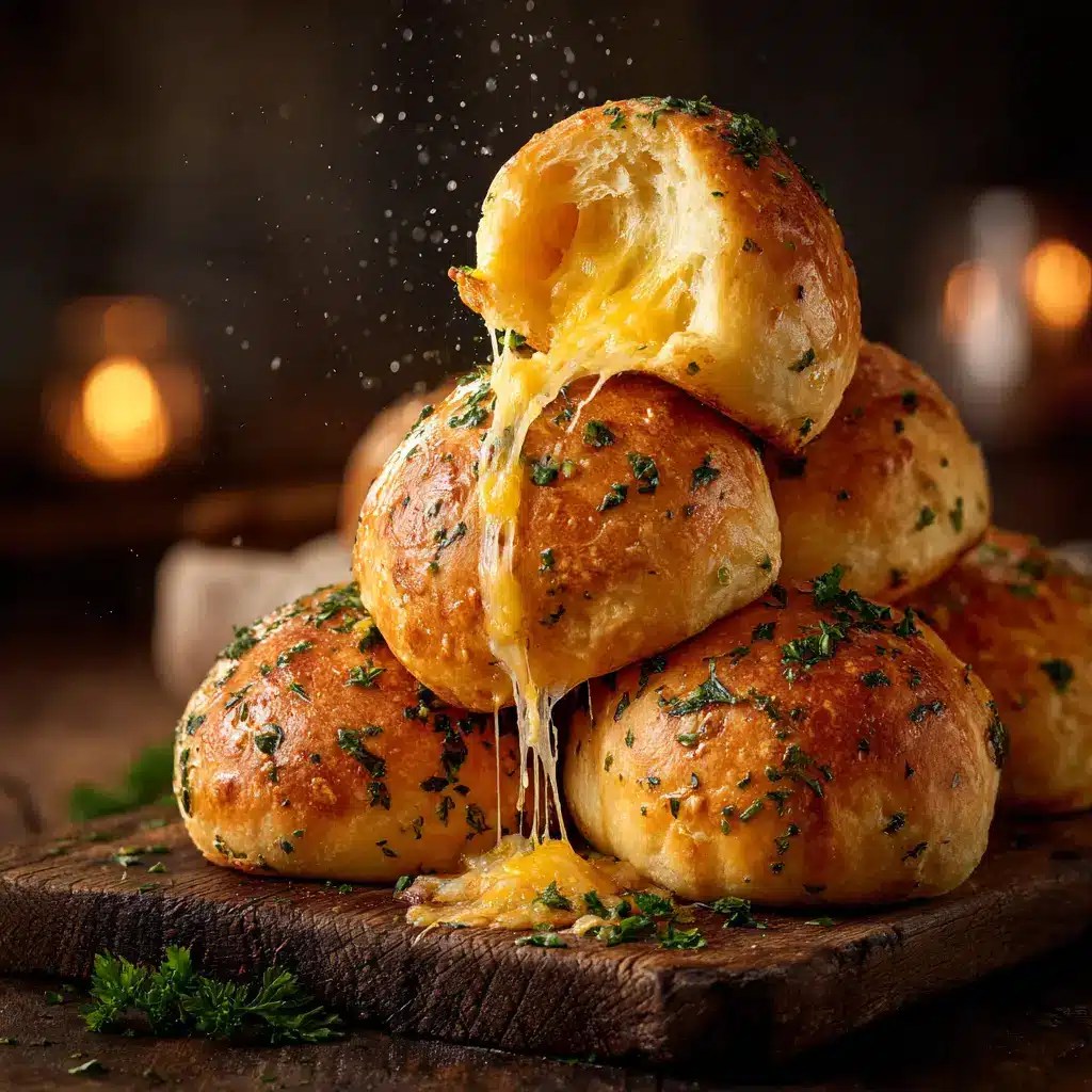 Garlic Cheese Bombs (The Ultimate Easy Appetizer) 1 One garlic cheese bomb being pulled apart to show a satisfying, stringy mozzarella cheese pull.
