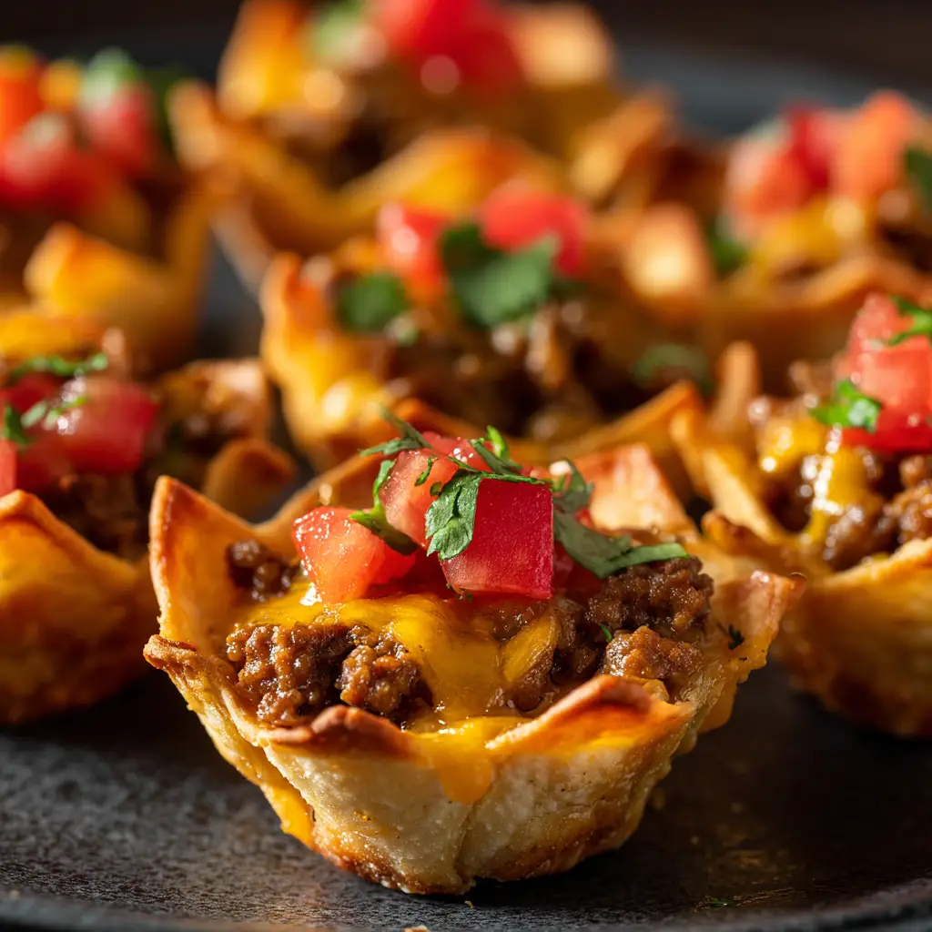 A top-down view of several taco ranch bites arranged on a serving dish, garnished with fresh cilantro and diced tomatoes.