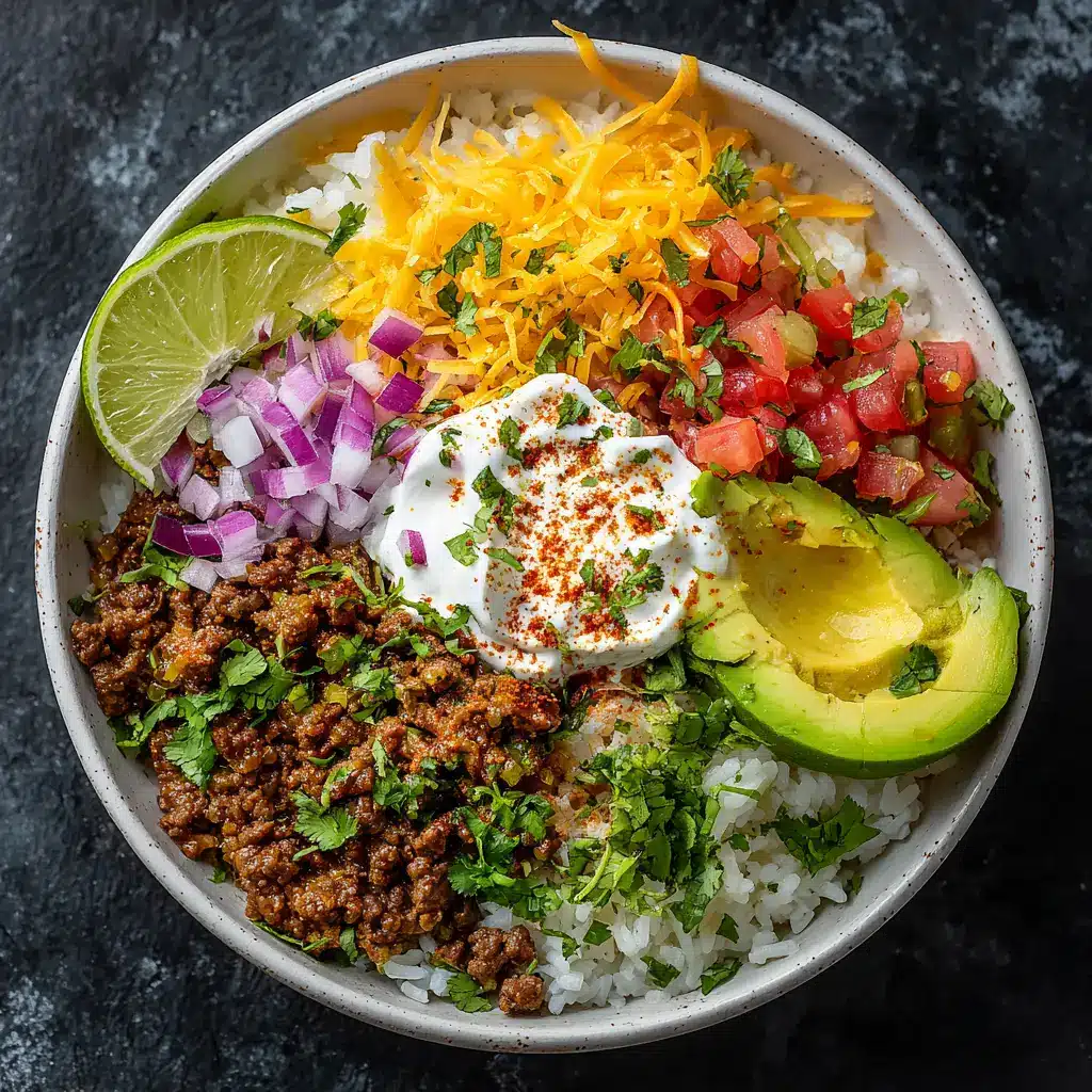 Taco Rice Bowl: The Ultimate 30-Minute Weeknight Meal 1 A close-up shot of the components of a taco rice bowl, showing the seasoned meat, rice, and fresh toppings ready to be assembled for meal prep.