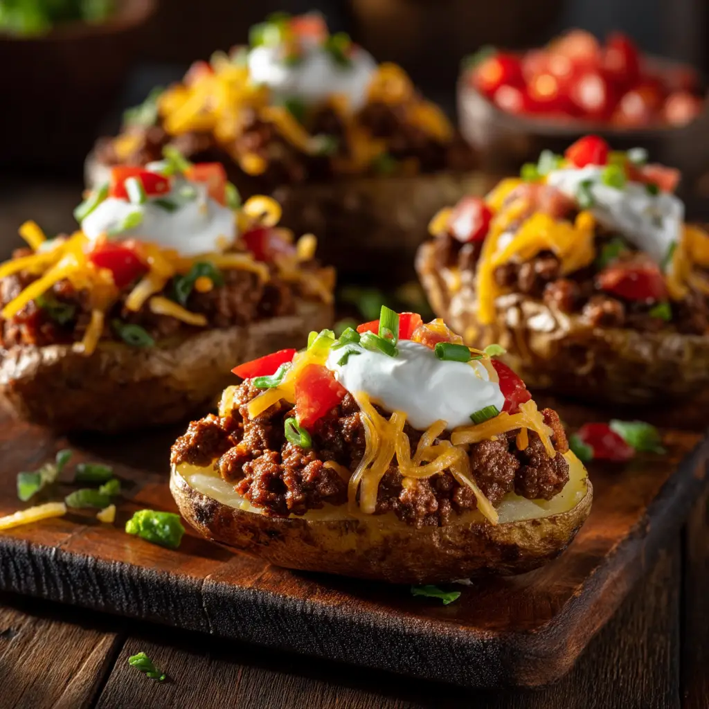 A close-up shot of several taco loaded baked potatoes on a serving platter, showcasing the juicy ground beef filling and various colorful toppings like pico de gallo and shredded lettuce.