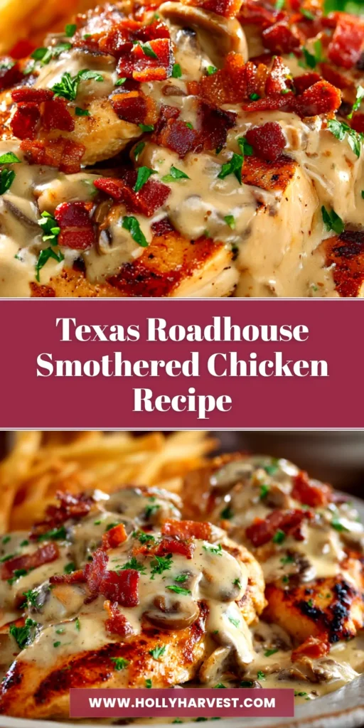 A delicious plate of Texas Roadhouse smothered chicken, showcasing the melted cheese over mushrooms and onions. This copycat recipe is perfect for a satisfying dinner.