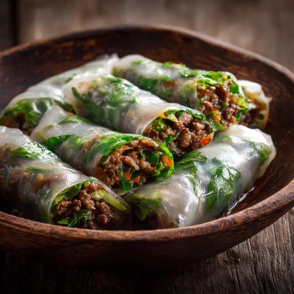Thai Basil Beef Rolls (That Are Actually Easy to Make!) 1 A Thai basil beef roll cut in half to display the delicious interior, with savory ground beef, fresh mint, and julienned carrots.