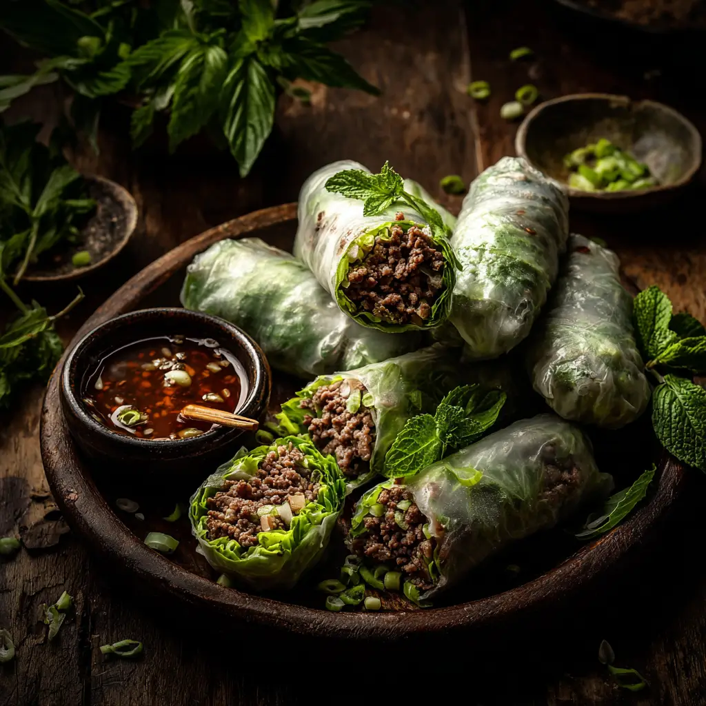 Thai Basil Beef Rolls (Easy & Flavorful Recipe) 1 A cross-section view of a Thai Basil Beef Roll, revealing the layers of savory ground beef, vermicelli noodles, and fresh herbs inside.