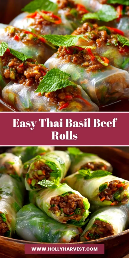 Thai Basil Beef Rolls (That Are Actually Easy to Make!) 4 A platter of fresh Thai Basil Beef Rolls, perfectly wrapped and served with a side of zesty Nuoc Cham dipping sauce. The rolls are filled with savory beef and crisp vegetables.