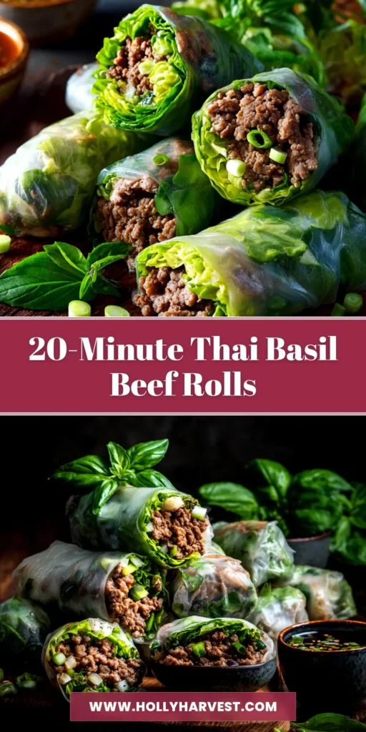Thai Basil Beef Rolls (Easy & Flavorful Recipe) 3 A close-up shot of freshly made Thai Basil Beef Rolls served with a creamy peanut dipping sauce. The rolls are filled with savory beef and crisp vegetables.