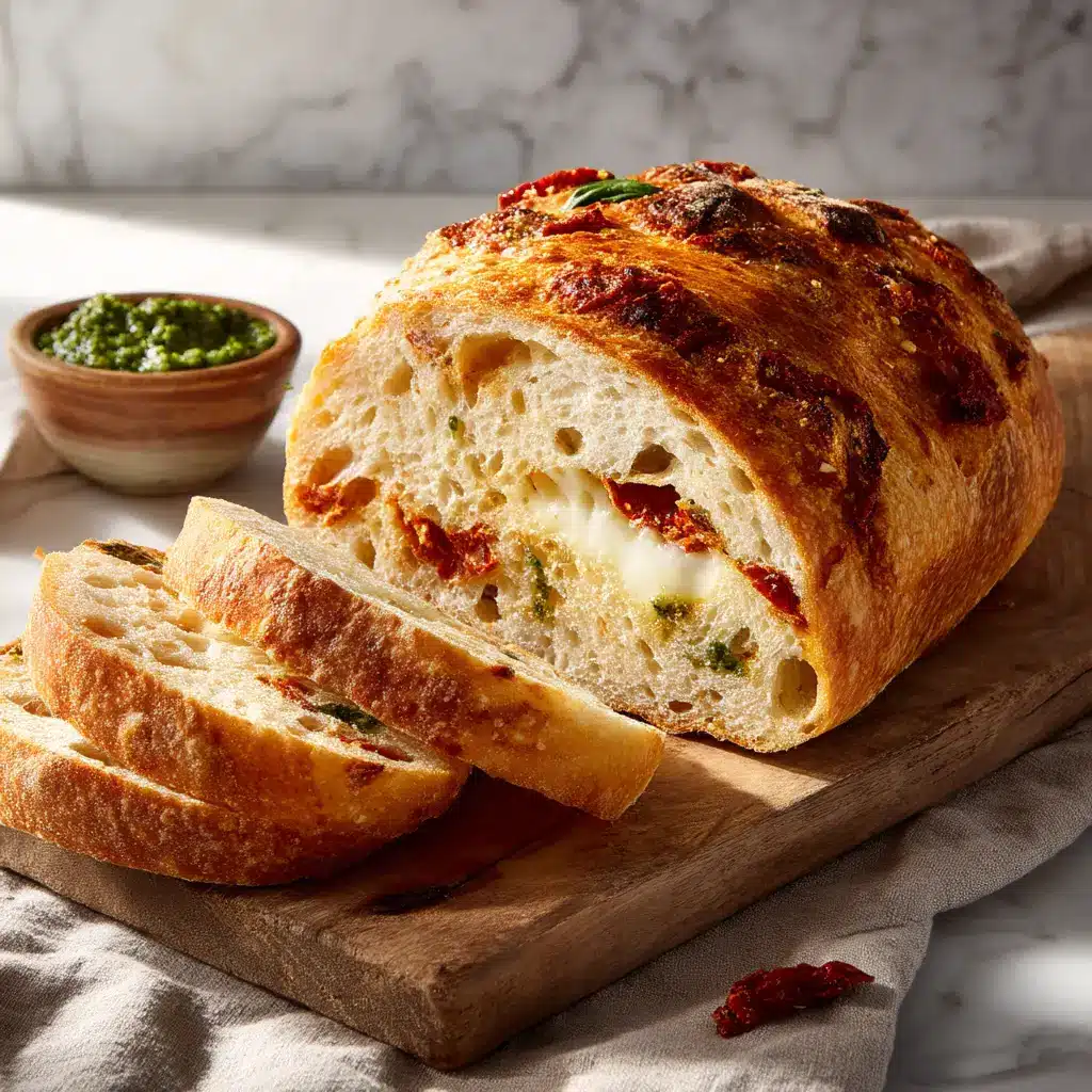 The unbaked tomato basil bread dough after its first rise, looking soft and airy in a glass bowl.