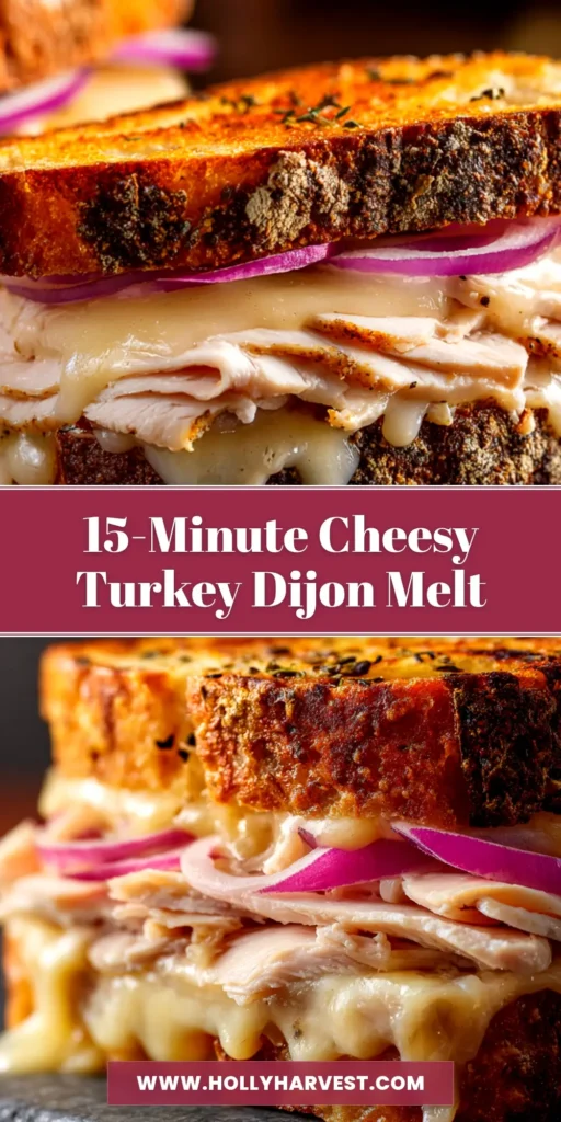 A delicious Turkey Dijon Melt sandwich sliced in half on a wooden board, showcasing the melted cheese and layers of turkey.