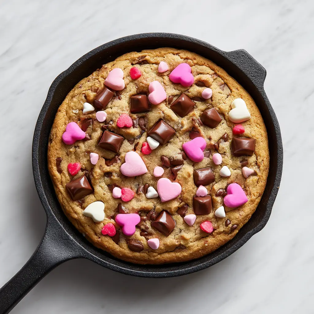 Valentine's Skillet Cookie (The Ultimate Gooey Dessert for Two) 1 The unbaked Valentine's skillet cookie dough pressed into an 8-inch cast iron skillet, topped with festive red and pink sprinkles before baking.