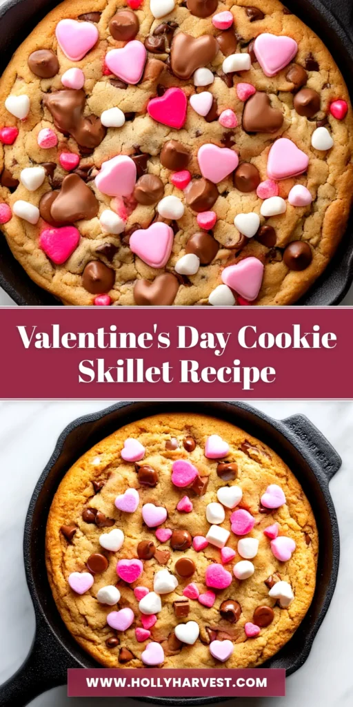 Valentine's Skillet Cookie (The Ultimate Gooey Dessert for Two) 3 An overhead shot of a freshly baked Valentine's Skillet Cookie in a black cast-iron skillet, topped with red and pink sprinkles and a melting scoop of vanilla ice cream.