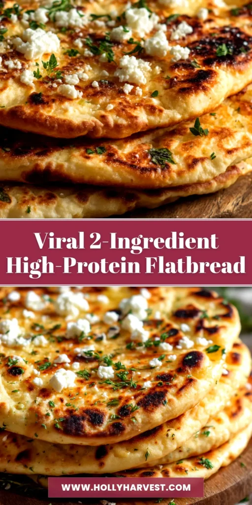 A golden-brown baked Cottage Cheese Flatbread being sliced, with a bowl of cottage cheese and eggs nearby. The text overlay reads '2-Ingredient Cottage Cheese Flatbread'.