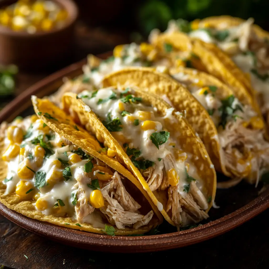 The white chicken chili filling simmering in a skillet, showing its rich and creamy texture before being served in tacos.