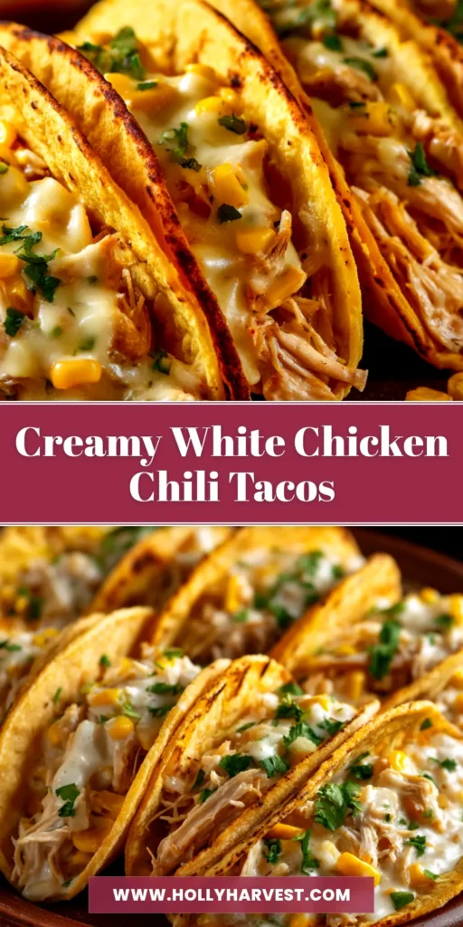 An overhead shot of White Chicken Chili Tacos on a wooden board, garnished with fresh cilantro and lime wedges. The creamy chicken filling is visible in the warm tortillas.