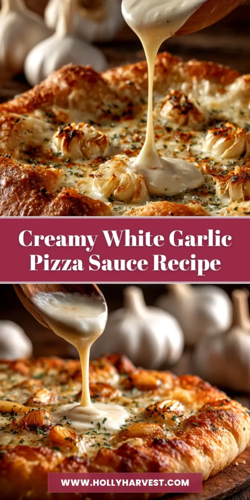 A small white bowl filled with creamy White Garlic Pizza Sauce, garnished with fresh herbs and surrounded by ingredients like garlic cloves and parmesan cheese.