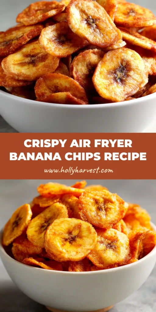 A top-down view of crispy, golden-brown Air Fryer Banana Chips sprinkled with cinnamon and arranged in a white bowl, ready to be eaten as a healthy snack.