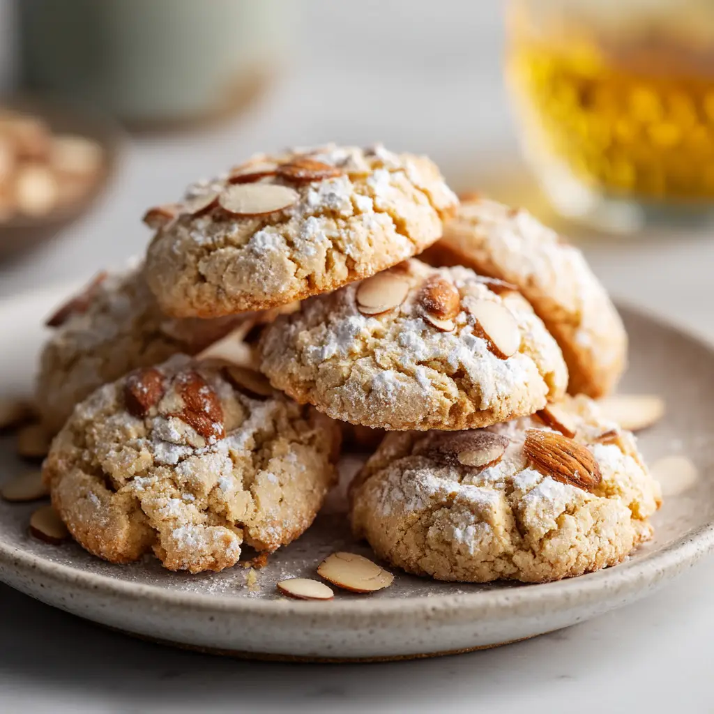 A close-up of the ingredients for almond ricotta cookies, including flour, sugar, ricotta cheese, and an egg.