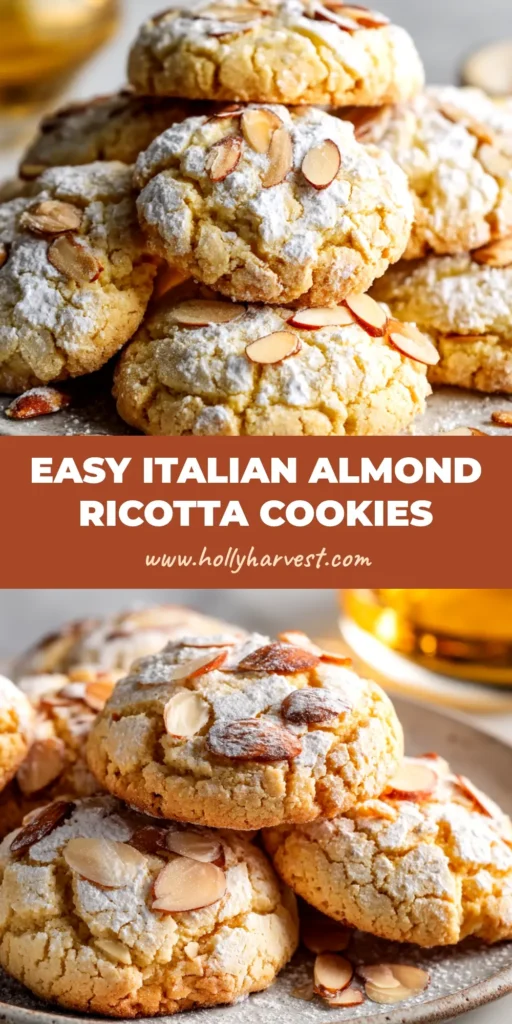 A stack of soft Almond Ricotta Cookies with a sweet almond glaze and topped with sliced almonds, presented on a white plate.