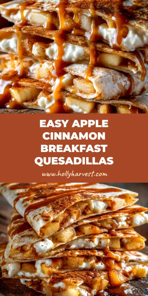 A perfectly golden-brown Apple Cinnamon Breakfast Quesadilla sliced in half to show the gooey apple and cream cheese filling, served on a white plate.