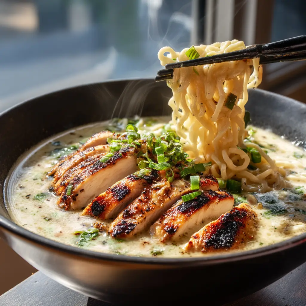 An assembled bowl of Fiery Chicken Ramen highlighting toppings like a soft-boiled egg, sliced chicken, and fresh scallions.