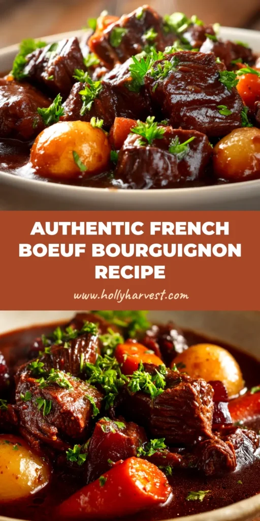 An authentic Boeuf Bourguignon Recipe served in a rustic bowl. This classic French beef stew is rich with tender beef, mushrooms, and a savory red wine sauce.