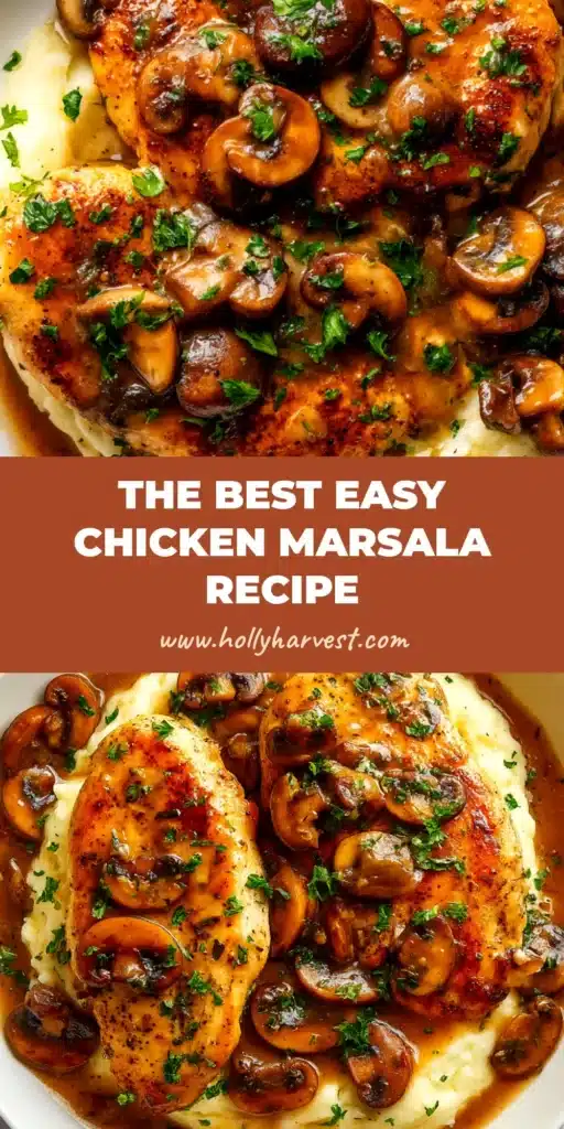 An overhead shot of the finished Chicken Marsala recipe in a cast iron skillet, garnished with fresh parsley. The chicken is coated in a creamy mushroom sauce.