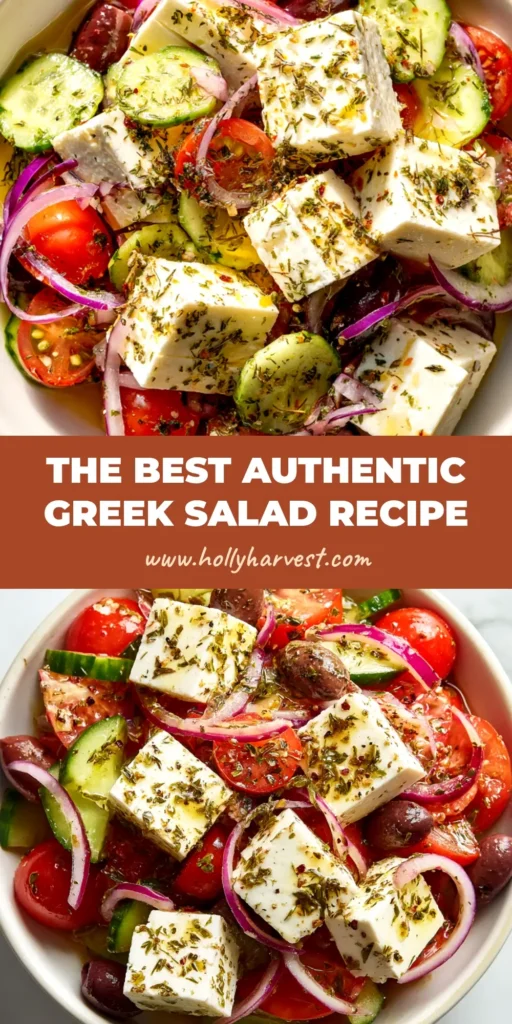 An authentic Greek salad recipe (Horiatiki) in a white bowl, featuring a large block of feta cheese, fresh tomatoes, cucumbers, and Kalamata olives. The image has text overlay reading 'Authentic Greek Salad Recipe'.