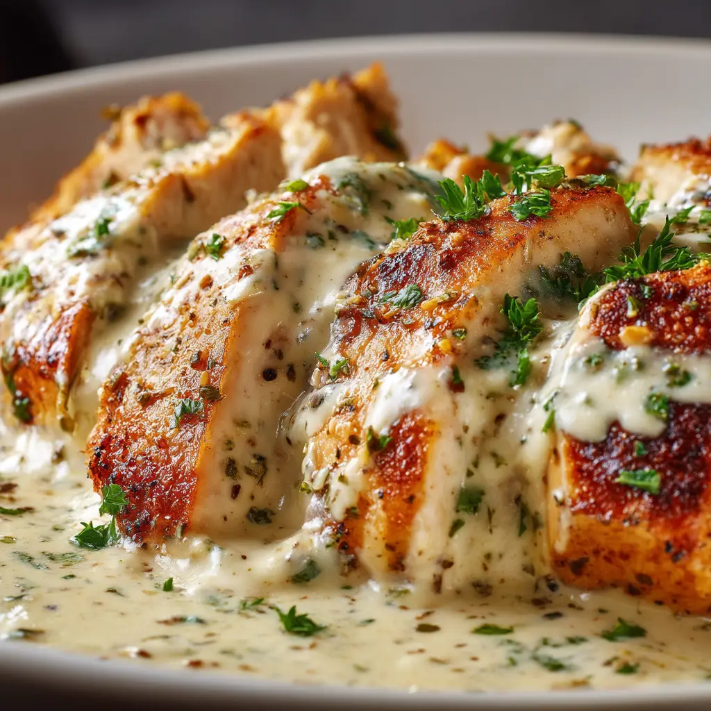 Baked Caesar Chicken breasts in a baking dish, fresh out of the oven with the golden-brown, bubbly topping.