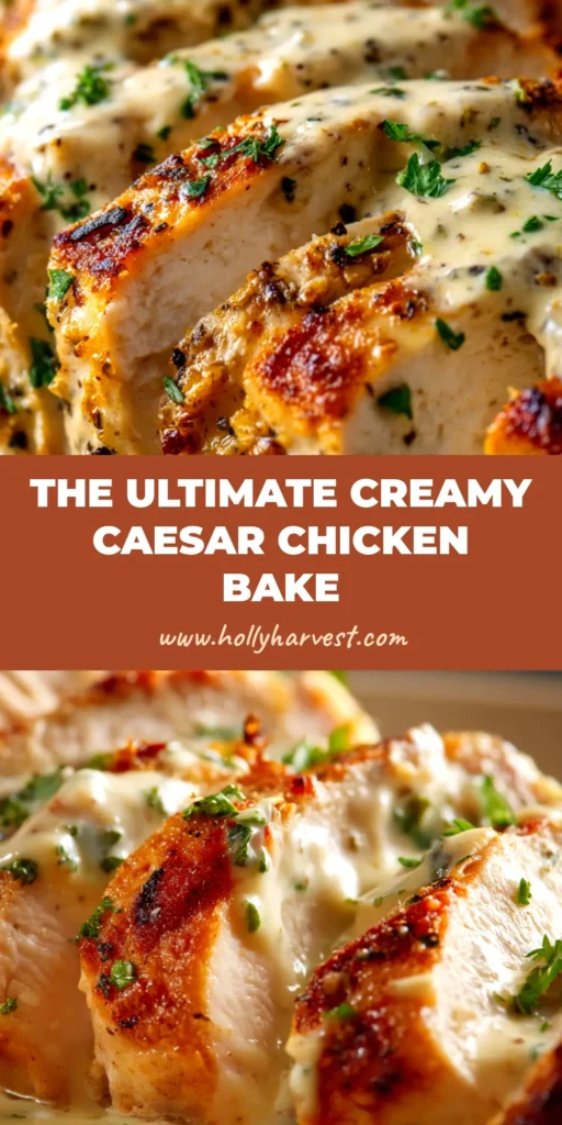 A delicious serving of Baked Caesar Chicken on a white plate. The chicken is golden brown with a creamy, bubbly topping, garnished with fresh parsley.