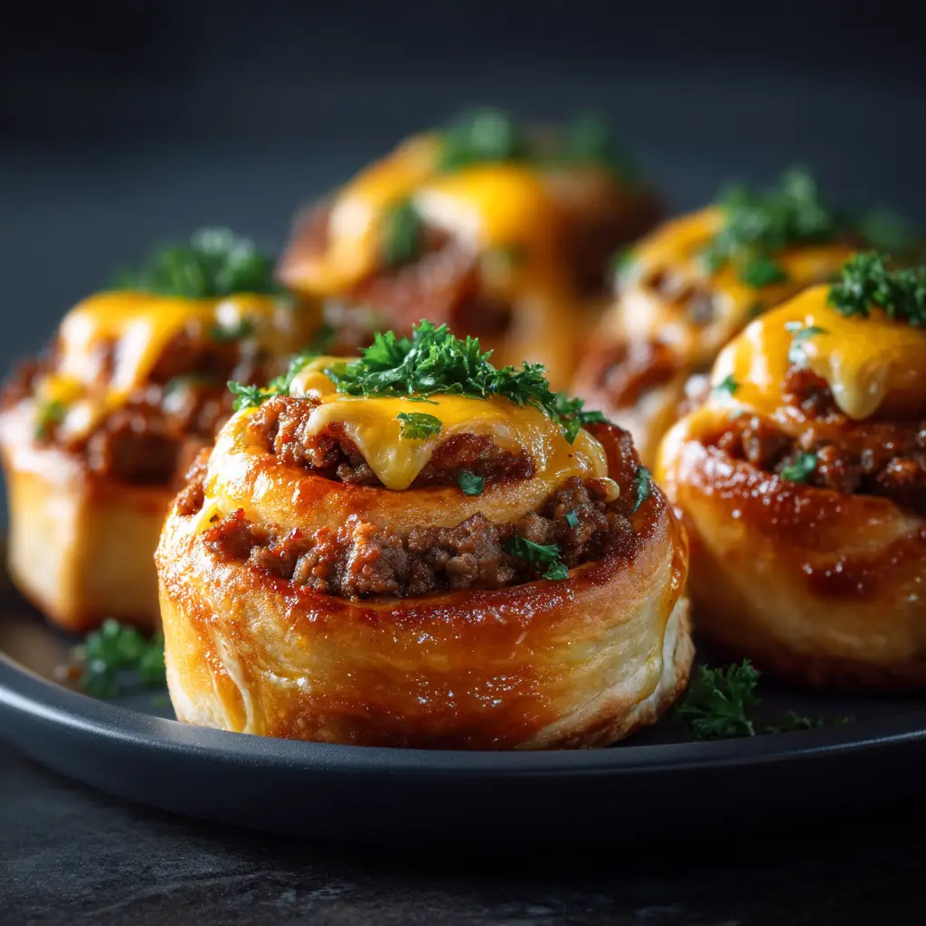 Cheeseburger Rollups: The Ultimate Easy Appetizer Recipe 1 A batch of delicious cheeseburger rollups arranged on a baking sheet right after coming out of the oven, sprinkled with sesame seeds.