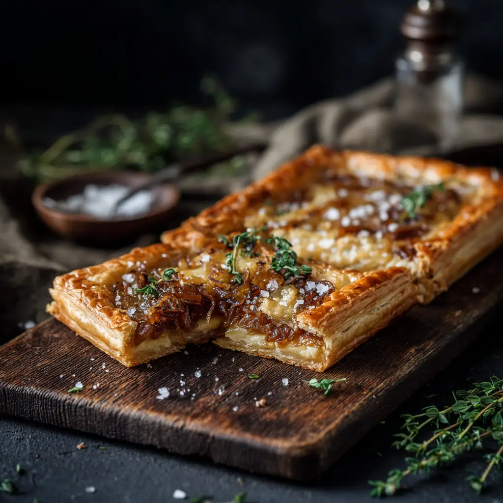 A golden-baked French onion tart fresh out of the oven, with bubbly Gruyère cheese and a perfectly puffed pastry crust.