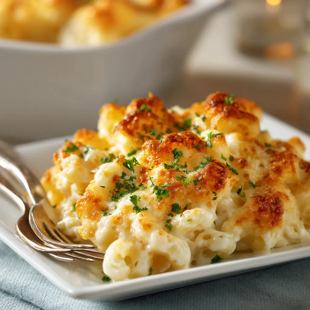 Baked Macaroni and Cheese: The Ultimate Creamy Recipe 1 A serving of baked macaroni and cheese on a plate, showing the crispy, golden-brown breadcrumb topping over the creamy pasta.