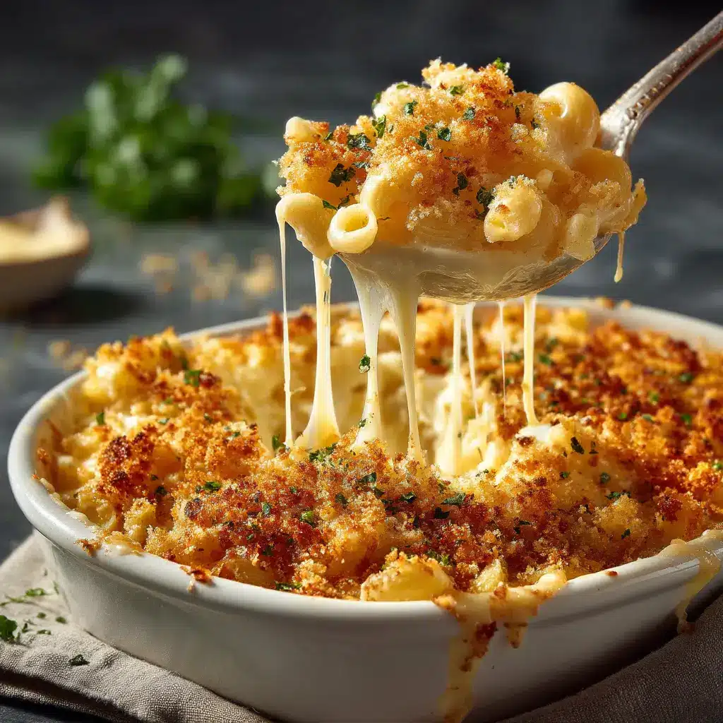 A scoop of baked white cheddar mac and cheese on a fork, with a cheesy pull, against a blurred background of the full dish.