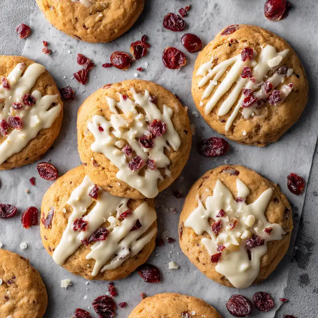 A batch of freshly baked cranberry bliss cookies cooling on a wire rack before being frosted.