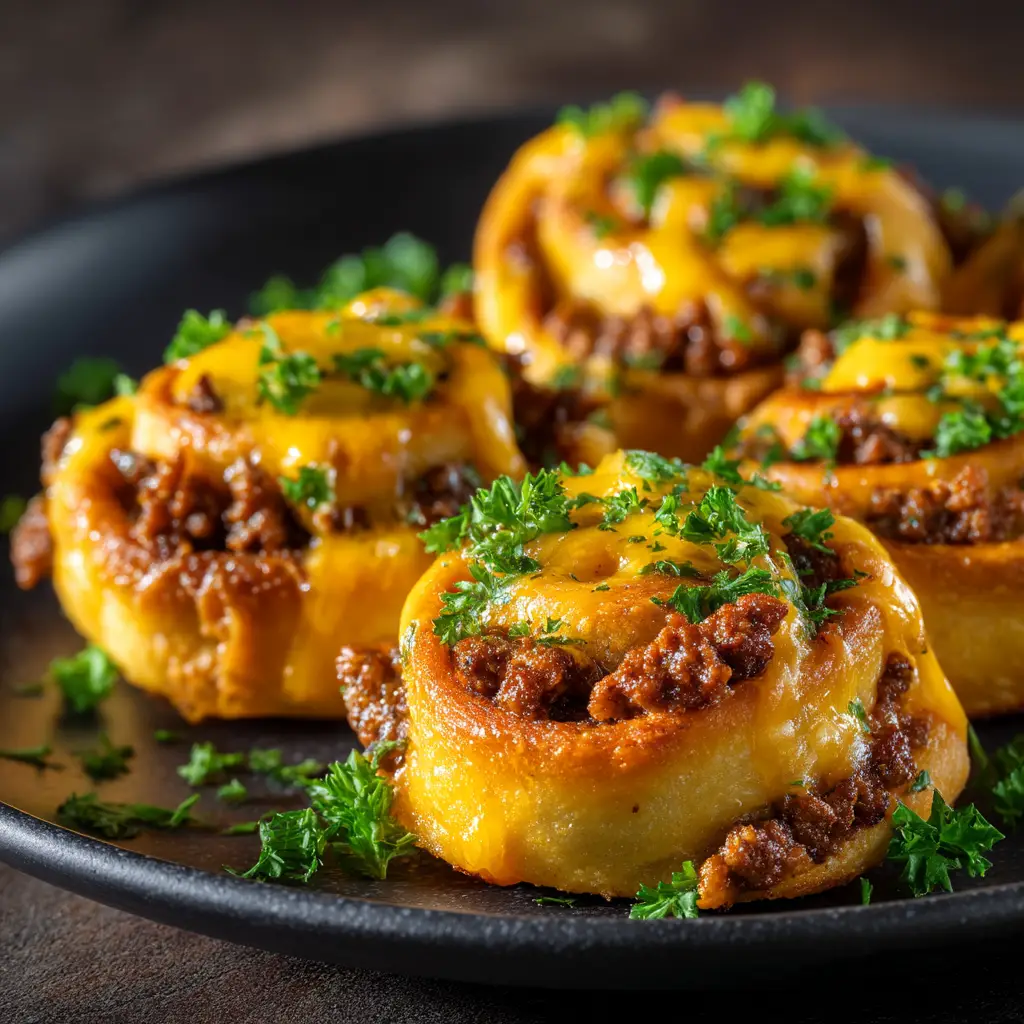 Cheeseburger Rollups: The Ultimate Easy Appetizer Recipe 2 A close-up shot of a single cheeseburger rollup, showing the flaky golden-brown crust and the juicy beef and cheese filling inside.