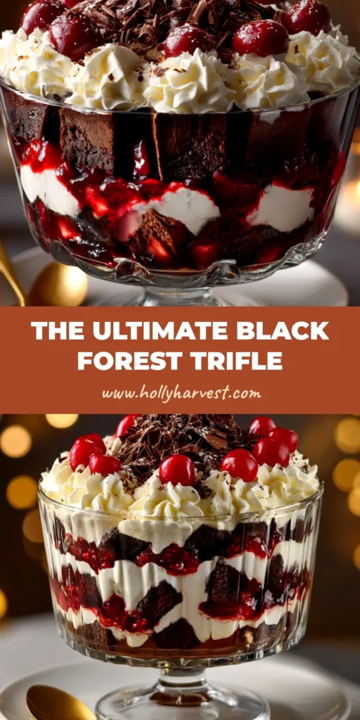 An elegant glass trifle bowl filled with a stunning Black Forest Trifle, showing distinct layers of dark chocolate cake, bright cherry filling, and fluffy white cream, topped with chocolate shavings.