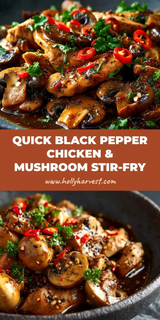 A sharable pin image of homemade Black Pepper Chicken in a white bowl with text overlay saying 'Easy Black Pepper Chicken - Better Than Takeout'.