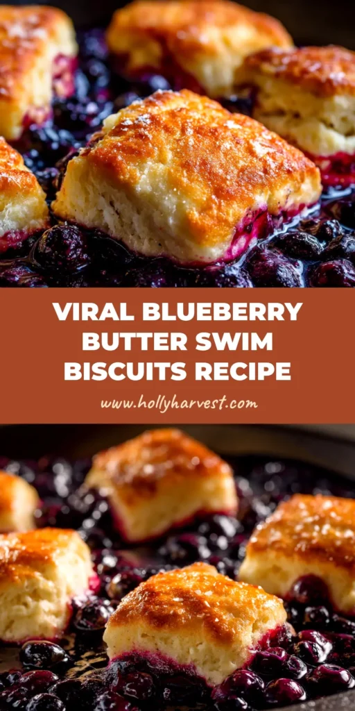 A shareable pin image showing golden-brown Blueberry Butter Swim Biscuits in a baking dish with a text overlay for Pinterest.