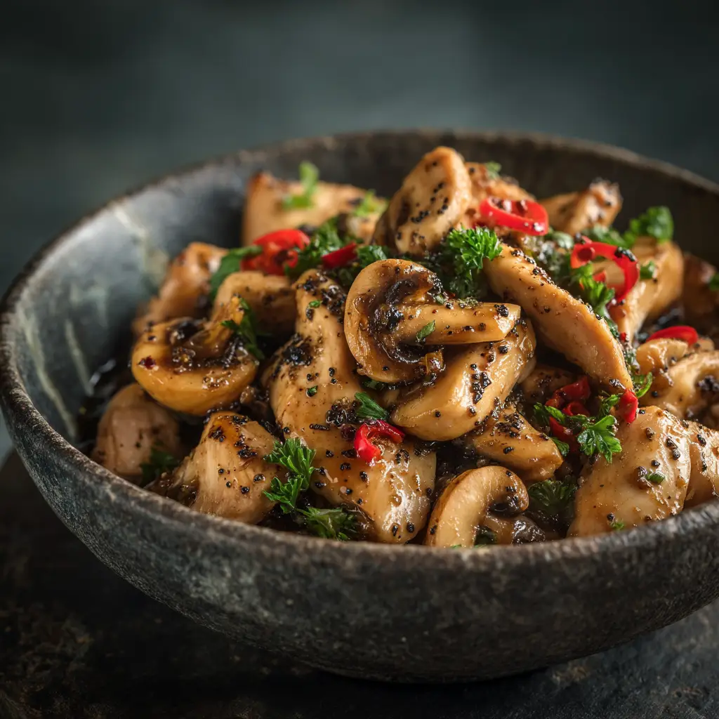 A bowl of homemade Panda Express black pepper chicken copycat served over a bed of white rice, garnished with green onions.