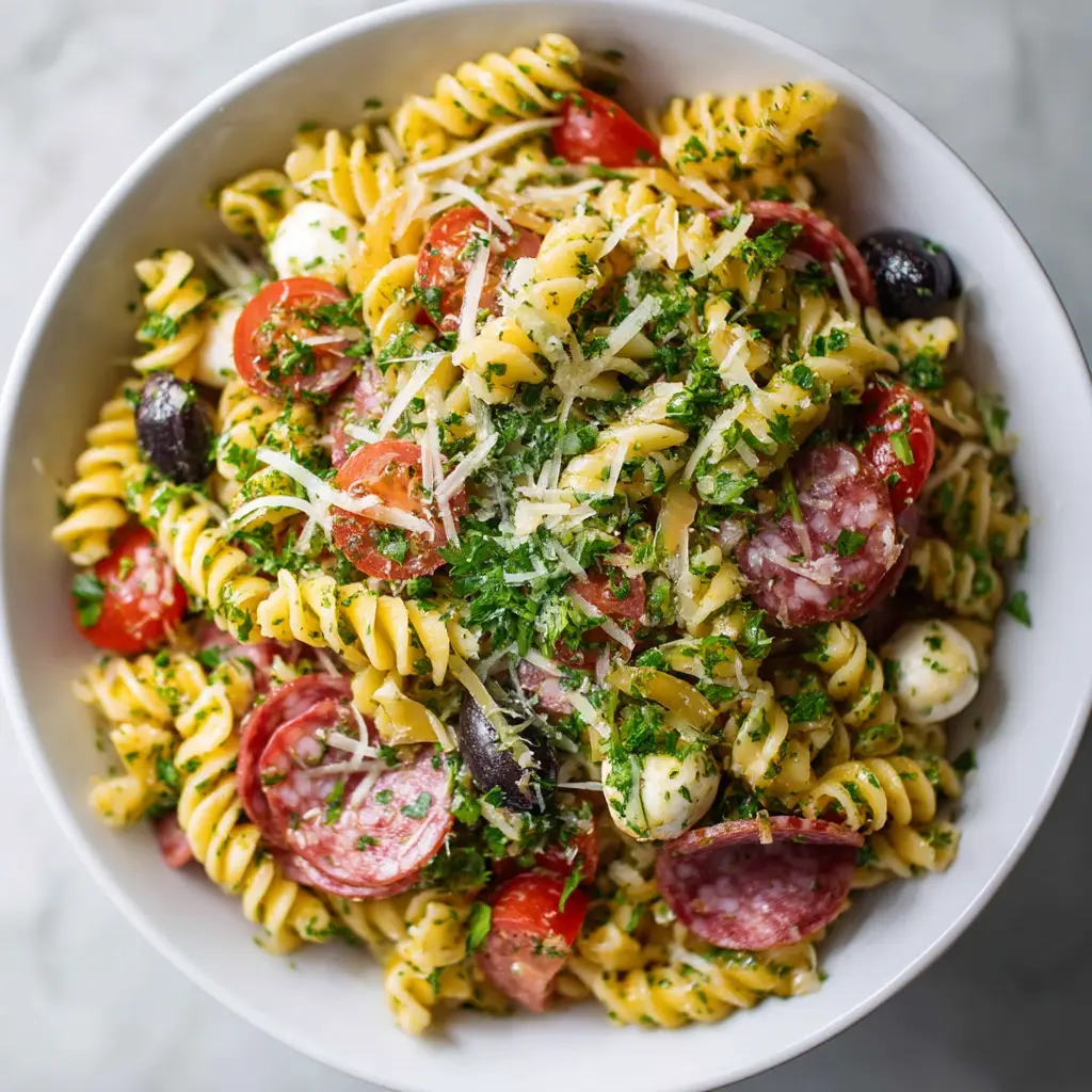 Zesty Italian Pasta Salad: The Only Recipe You'll Need 1 A beautiful bowl of cold pasta salad with Italian dressing, ready to be served at a potluck or family dinner.