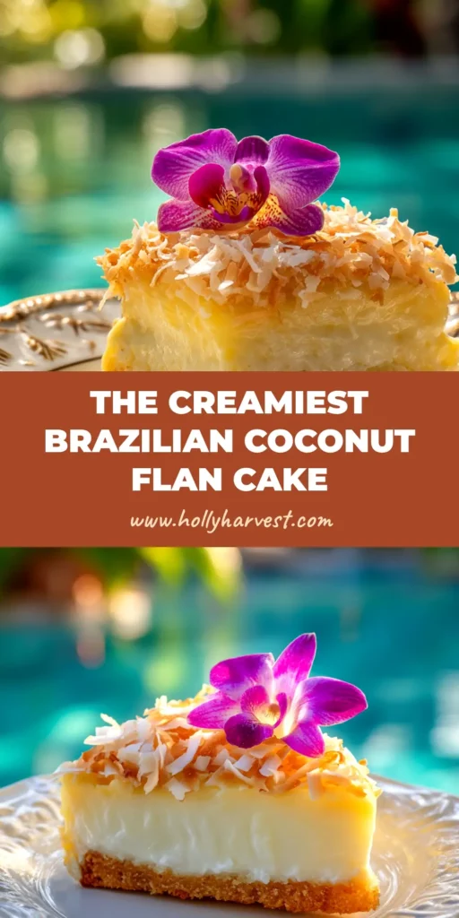 A perfect slice of Brazilian Coconut Custard Cake on a white plate, showing the creamy custard bottom and light cake top. The ultimate easy magic cake recipe.