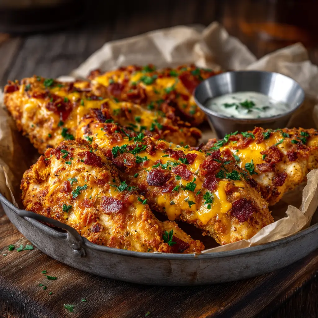 Keto Crack Chicken Tenders (The Crispiest, Juiciest Recipe!) 1 The process of breading chicken tenders in a keto-friendly mixture of almond flour, pork rinds, cheese, and bacon.