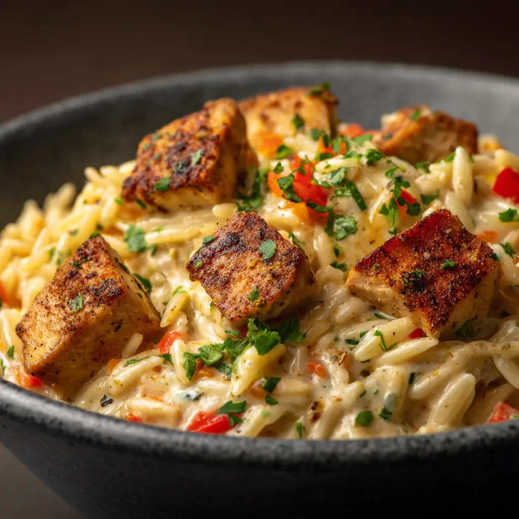 A serving of Cajun Chicken Alfredo Orzo in a white bowl, ready to be eaten.