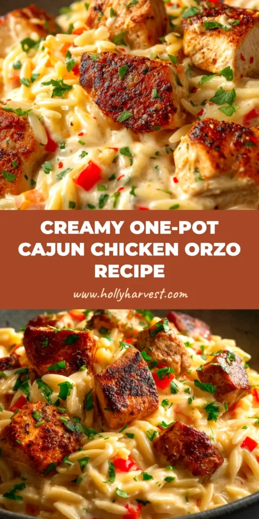 A top-down view of a skillet filled with creamy Cajun Chicken Alfredo Orzo, garnished with fresh parsley.