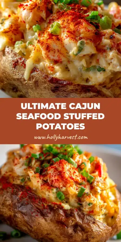 Cajun Seafood Stuffed Potatoes: The Ultimate Comfort Food 3 A close-up shot of two Cajun Seafood Stuffed Potatoes on a plate, loaded with a creamy shrimp and crab filling and topped with melted cheese and fresh green onions.
