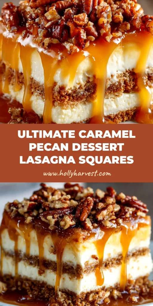 A top-down view of a delicious Caramel Pecan Lasagna in a baking dish, showing its distinct, decadent layers. A slice has been removed to reveal the crust, cream cheese, and pudding layers.