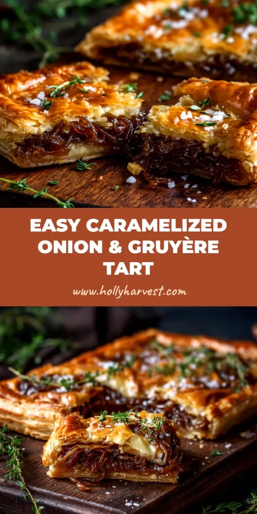A beautiful rectangular Caramelized Onion Tart with a golden puff pastry crust, topped with jammy onions, melted Gruyère cheese, and fresh thyme.